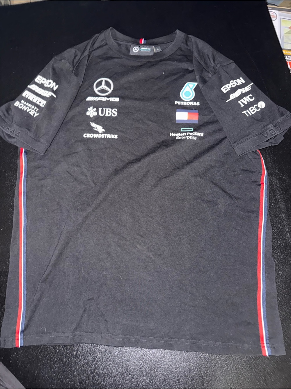 Mercedes AMG Petronas Black Team Logo Short Sleeve Tee with Red & Blue Piping